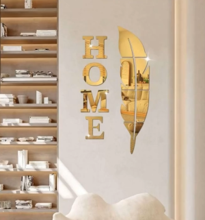 Miroir HOME+Plume decoratif doré/argenté -مرآة "HOME" مع زخرفة ريشة باللونين الذهبي والفضي