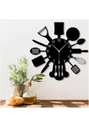 Ustensiles de cuisine en bois noir, fourchette, couteau, cuillère, horloge murale